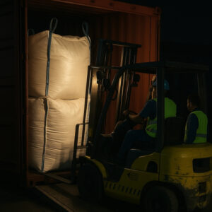 Forklift unloading white bulk bags from a shipping container at Mundra Port for dyes and intermediates industry.