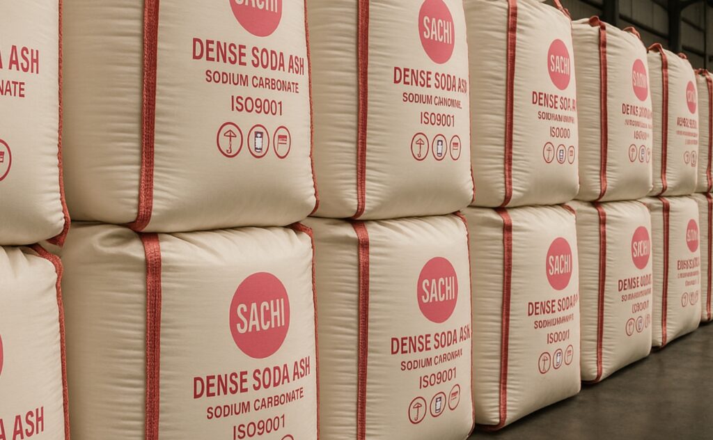 Rows of bulk bags labeled SACHI Dense Soda Ash (Sodium Carbonate) with ISO9001 certification, stacked on pallets in an industrial warehouse.