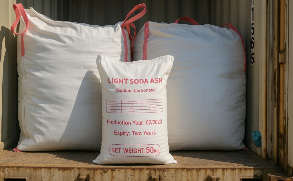 50KG Light Soda Ash bag in front of bulk industrial sacks inside a shipping container – Noble Element