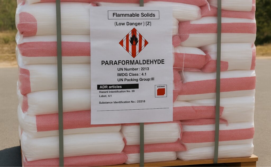 Noble supplier-grade Paraformaldehyde packaging labeled UN 2213, classified as a flammable solid under IMDG Class 4.1.